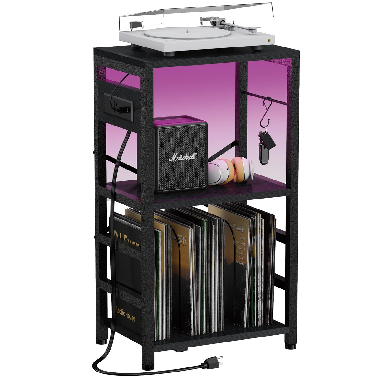 YAKANJ End Table with LED Light,Record Player Stand with Charging Station,Vinyl Records Storage,Turntable Stand Albums Storage for Music Room Studio-Industry Black YAKANJ