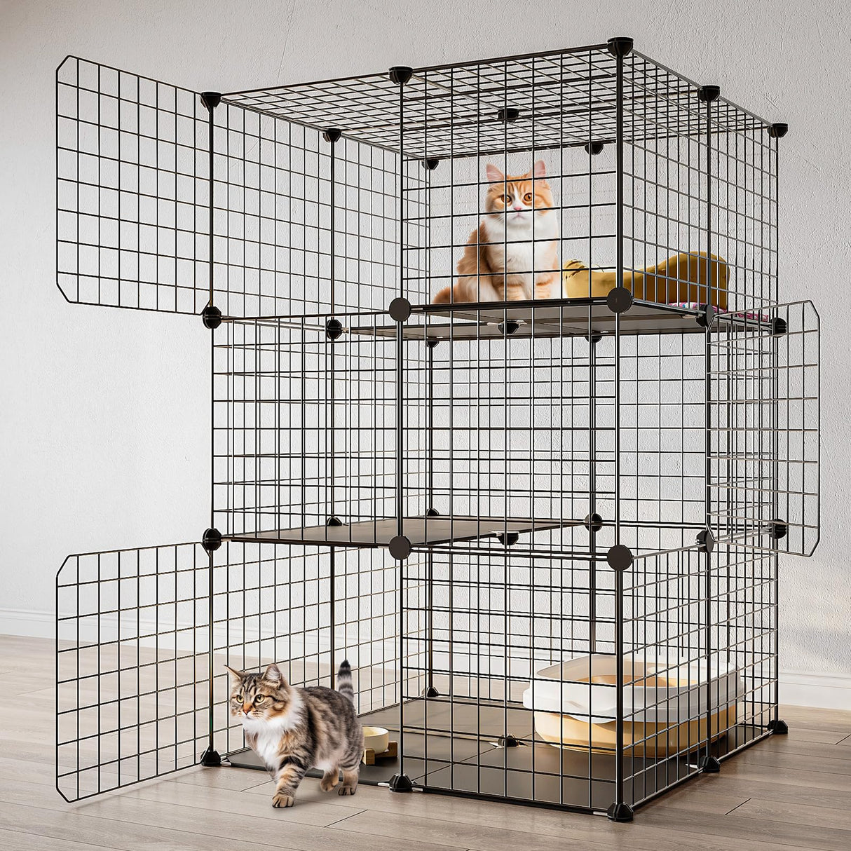 Eiiel 3-Tier Cat Cage Indoor Enclosure DIY Cat Playpen Catio Detachable Metal Wire Kennels 2Lx2Wx3H Crate Large Exercise Place Ideal for 1-2 Cats, Black Eiiel