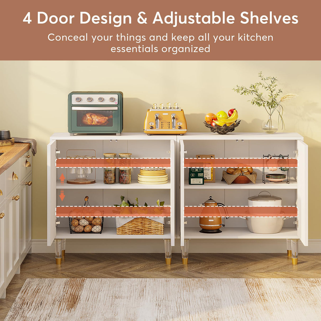 Tribesigns Sideboard Buffet Cabinet, 63 Inch Modern Kitchen Accent Cabinet with 4 Doors and Storage Shelves, White Credenzas Console Bar Cabinet for Living Room, Dining Room, Entryway, Office Tribesigns