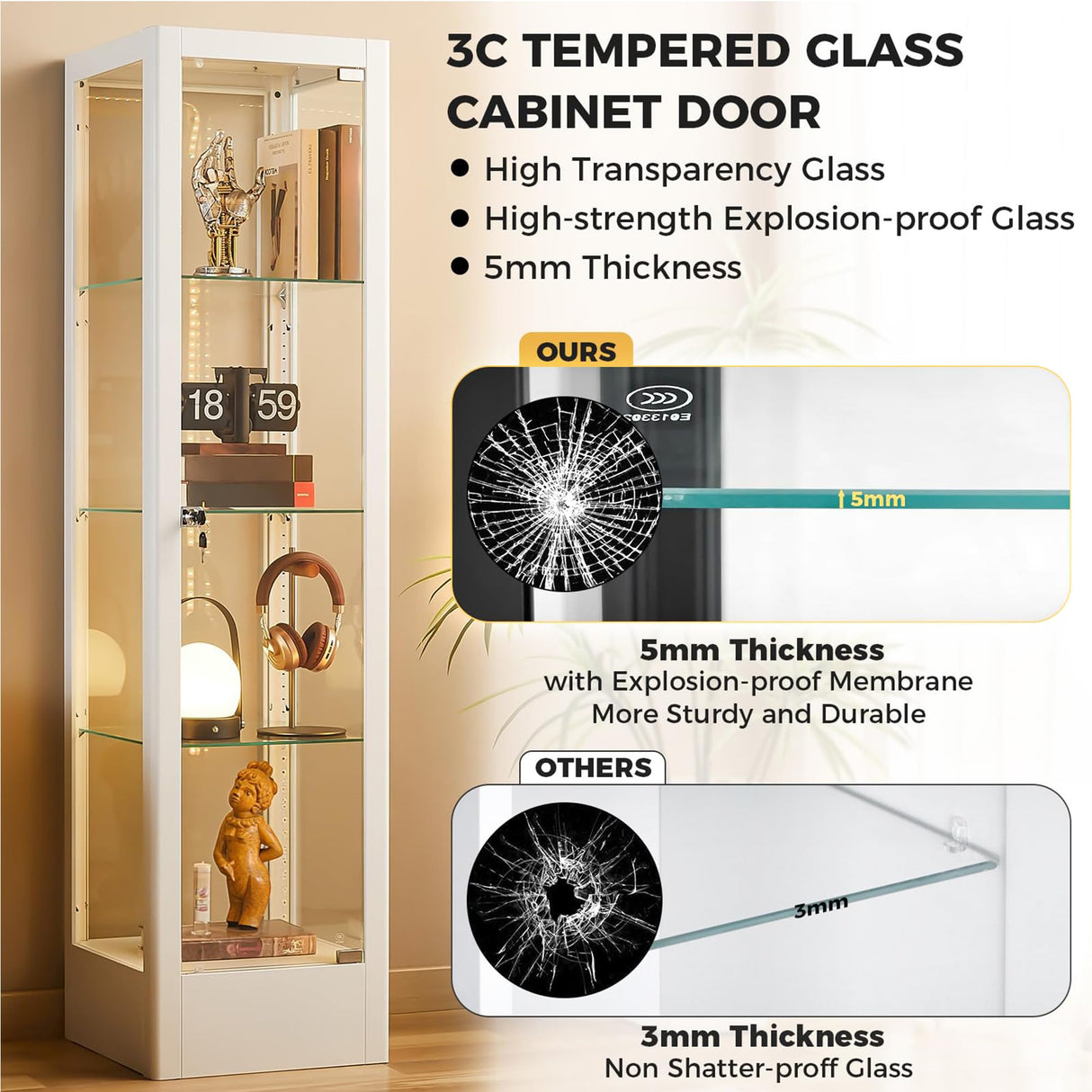 BECHAEO Glass Display Cabinet with 12 Color Lights and Lock, 4-Tier Curio Cabinet with Tempered Glass Door, Adjustable Shelves, 63" Metal Display Case for Collectibles Living Room, White BECHAEO