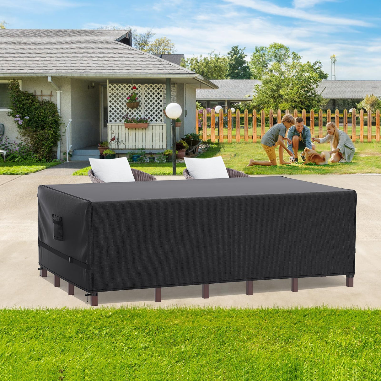 Patio Furniture Covers, Gorpche Outdoor Furniture Covers Waterproof, Tear-Resistant Patio Table and Chair Set Cover with Upgraded Fastener Windproof Buckle Straps, Heavy Duty, 108"L× 82"W× 28"H, Black Gorpche