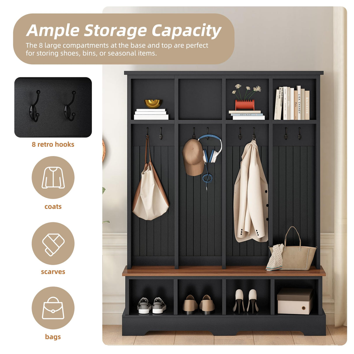 75''H Farmhouse Hall Tree With Bench And Shoe Storage, Entryway Bench With Open Compartments Coat Rack, 8 Shoe Cubbies & 8 Coat Hooks, For Mudroom, Hallway Storages Cabinet, Living Room (Black) PurityVow