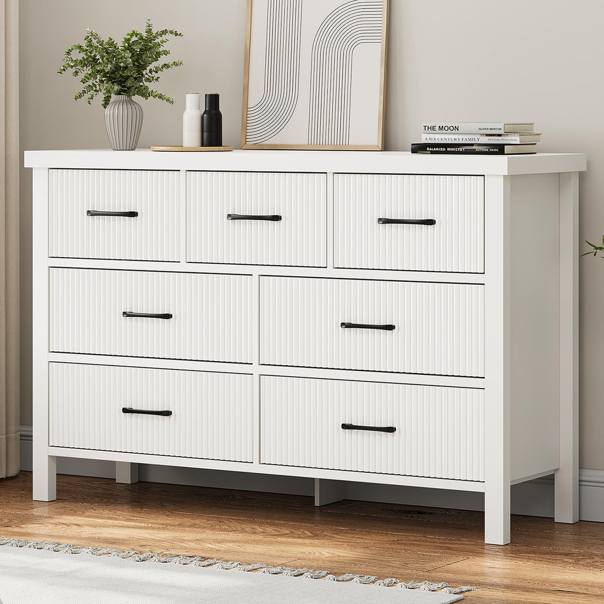 Jocoevol White Dresser 7 Drawer Dresser for Bedroom, Modern Fluted Dresser with Solid Wood Legs, Long Double Wooden Dresser Large Chest of Drawers for Living Room, Entryway, Hallway (White Fluted) Jocoevol