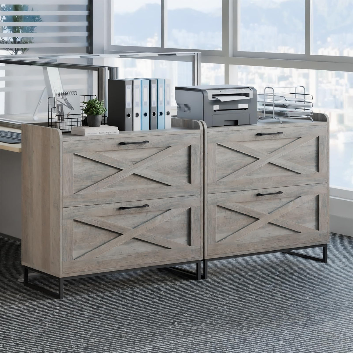 Lateral File Cabinet 2 Drawer File Cabinet with Charging Station for Legal/Letter/A4 Size Hanging Files, Modern Farmhouse Large Wood File Storage Cabinet for Home Office Furniture(Washed Gray) Vabches