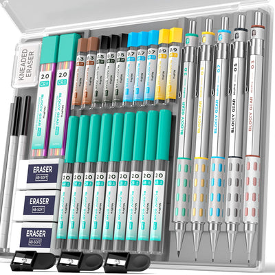 Nicpro 36PCS Blocky Gear Mechanical Pencil Set with Case, Metal Mechanical Pencils 0.3, 0.5, 0.7, 0.9, 2mm Lead Holder for Art Drawing Sketching with 21 Tubes (6B 4B 2B HB 2H 4H Colors) Lead Refills