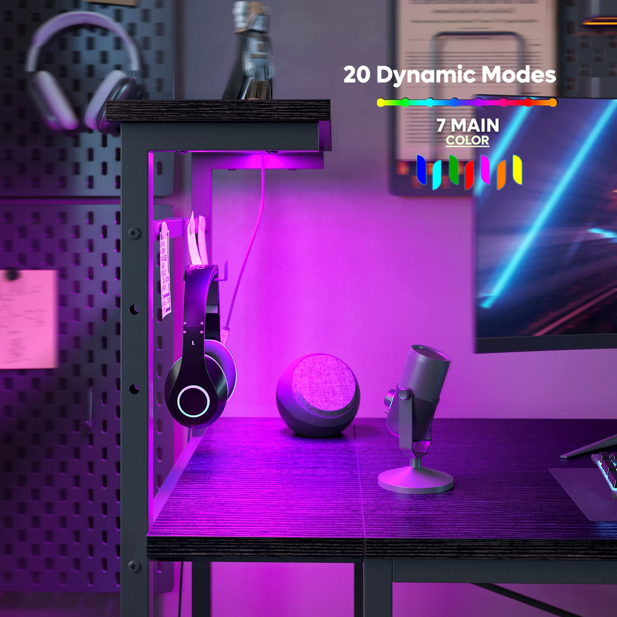 Bestier Gaming Desk with LED Lights, 51.3 Inch Computer Desk with 4 Tiers Reversible Shelves, Home Office Writing Desk with Side Storage Bag, Hooks and Height Adjustable Shelf (Black Grained) Bestier