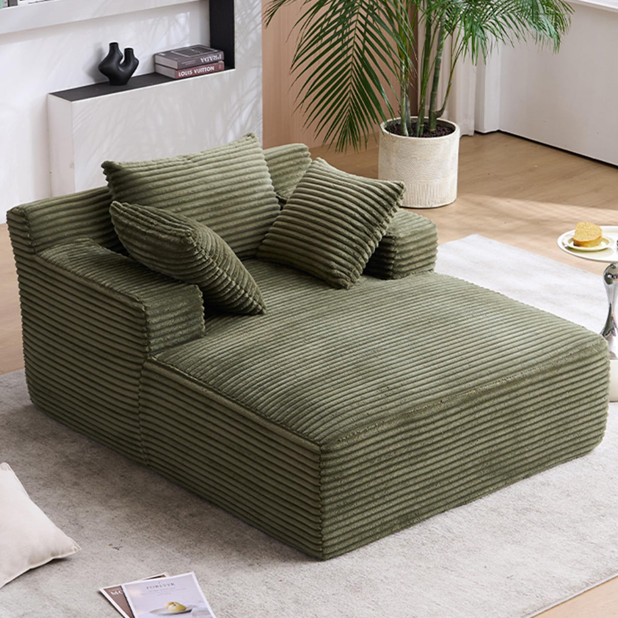 HRVEOCEI 49" Chaise Lounge Indoor, Oversized Chaise Lounge Chair with 3 Comfy Pillows for Living Room Bedroom, Wide Arms Corduroy Fabric High-Density Foam No Assembly Required (Sage Green) HRVEOCEI