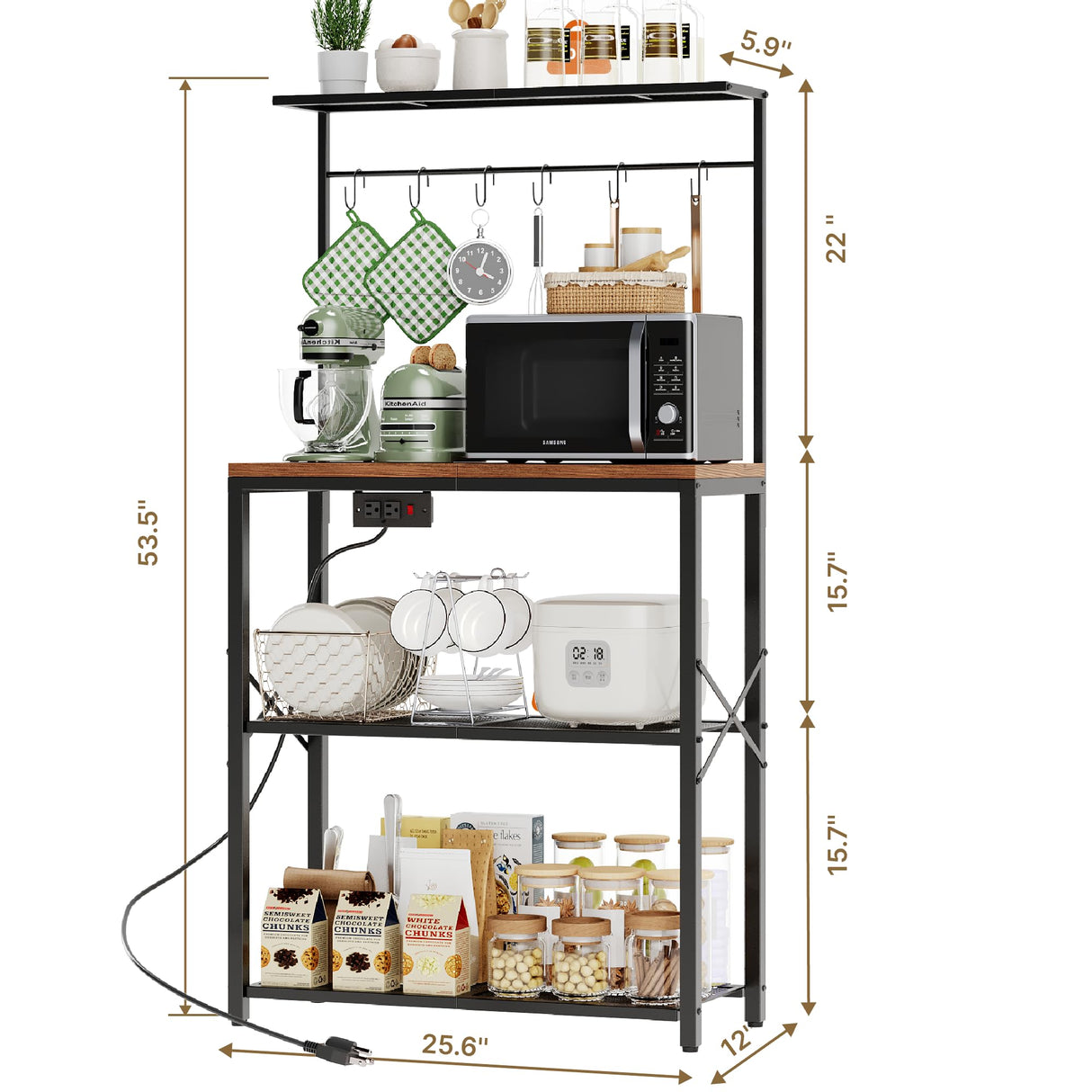 Txecpro kitchen Bakers Rack with Power Outlet, Coffee Bar Table 4 Tiers, Microwave Stand with 6 S-shaped Hooks, Kitchen Storage Shelf Rack for Spices, Pots and Pans,25.6" L x 12" W x 53.5" H Txecpro