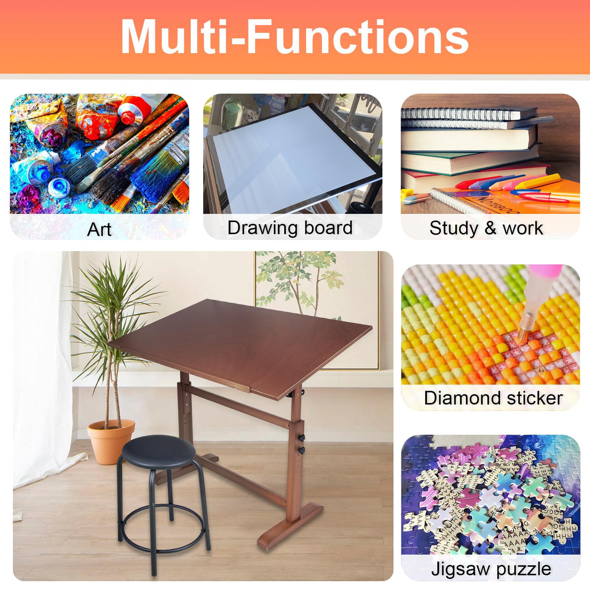 Falling in Art Wooden Drafting Table and Stool Set, Walnut 30" x 42" Adjustable Height and Angle Solid Wood Drawing Desk for Adults, Artist Craft Table for Painting Artwork, Reading, and Writing Falling in Art