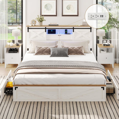 Hasuit Farmhouse Bed Frame California King Size with Storage Bookcase Headboard, Wooden Cal King Bed with LED Lights, Charging Station, 2 Drawers, Country Rustic Bed Frame with Sliding Barn Door