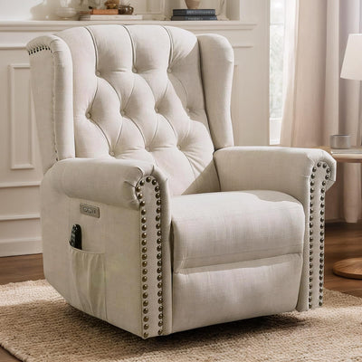 VIVIJASON Power Swivel Rocking Recliner Chair with Massage & Heat, Electric Rocker Nursery Glider Chair, Wingback Tufted Upholstered Recliner W/Type-C & USB Ports for Living Room, Bedroom, Beige