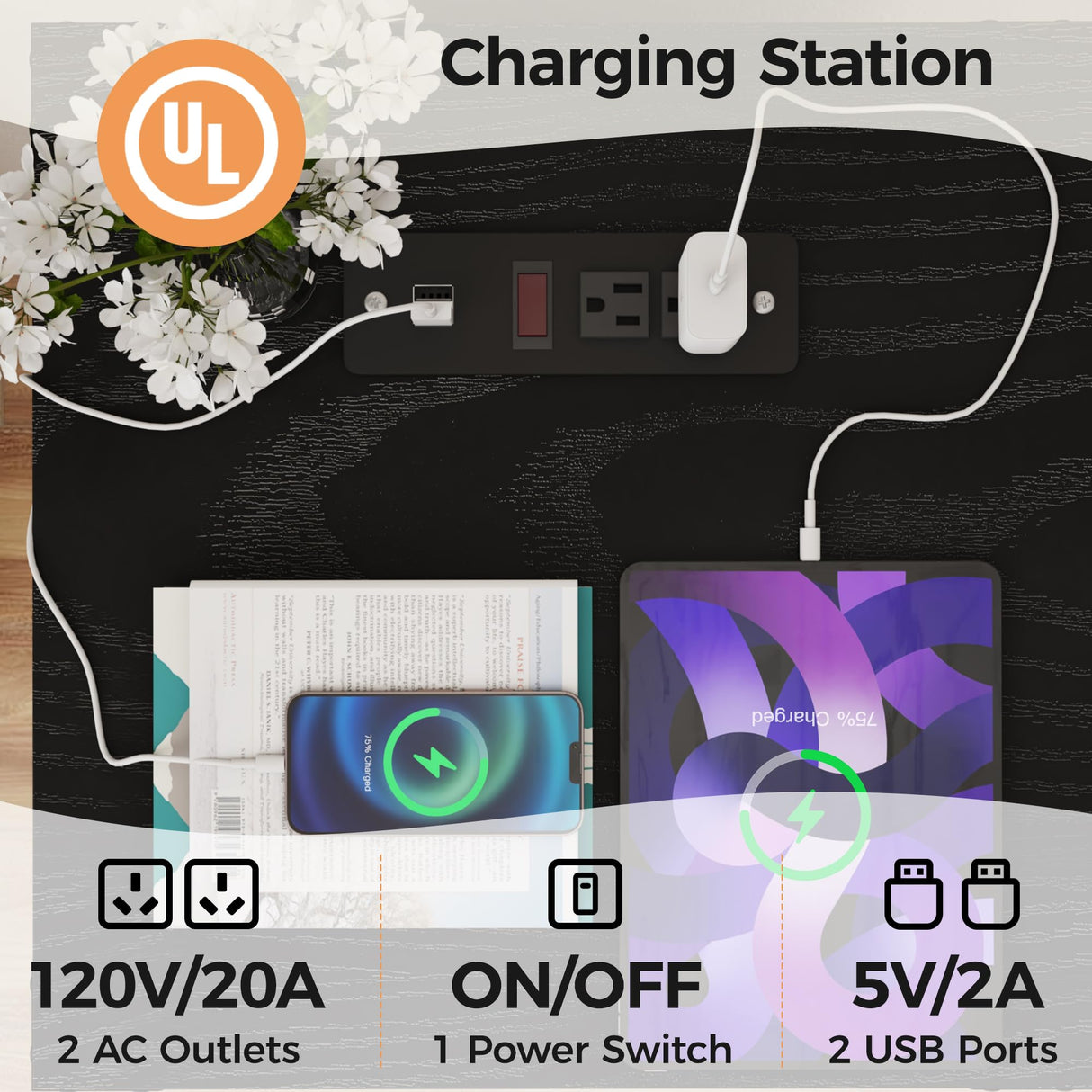 RoyalCraft Farmhouse Nightstand Set of 2 with Charging Station, Wooden End Table, Rustic Night Stand with Storage Cabinet and Shelf, Tall Bedside Table for Bedroom, Living Room, Black RoyalCraft