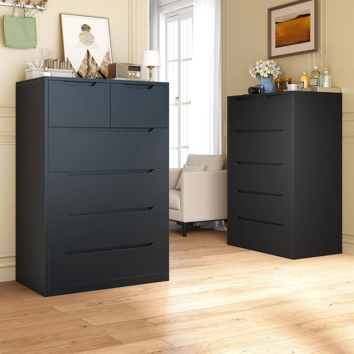 Romorgniz 6 Drawer Dresser for Bedrom, Black Tall Chest of Drawers Modern Wooden Dresser for Living Room, Entryway, Hallway, 43.2" H X 27.6" W X15.6 D Romorgniz