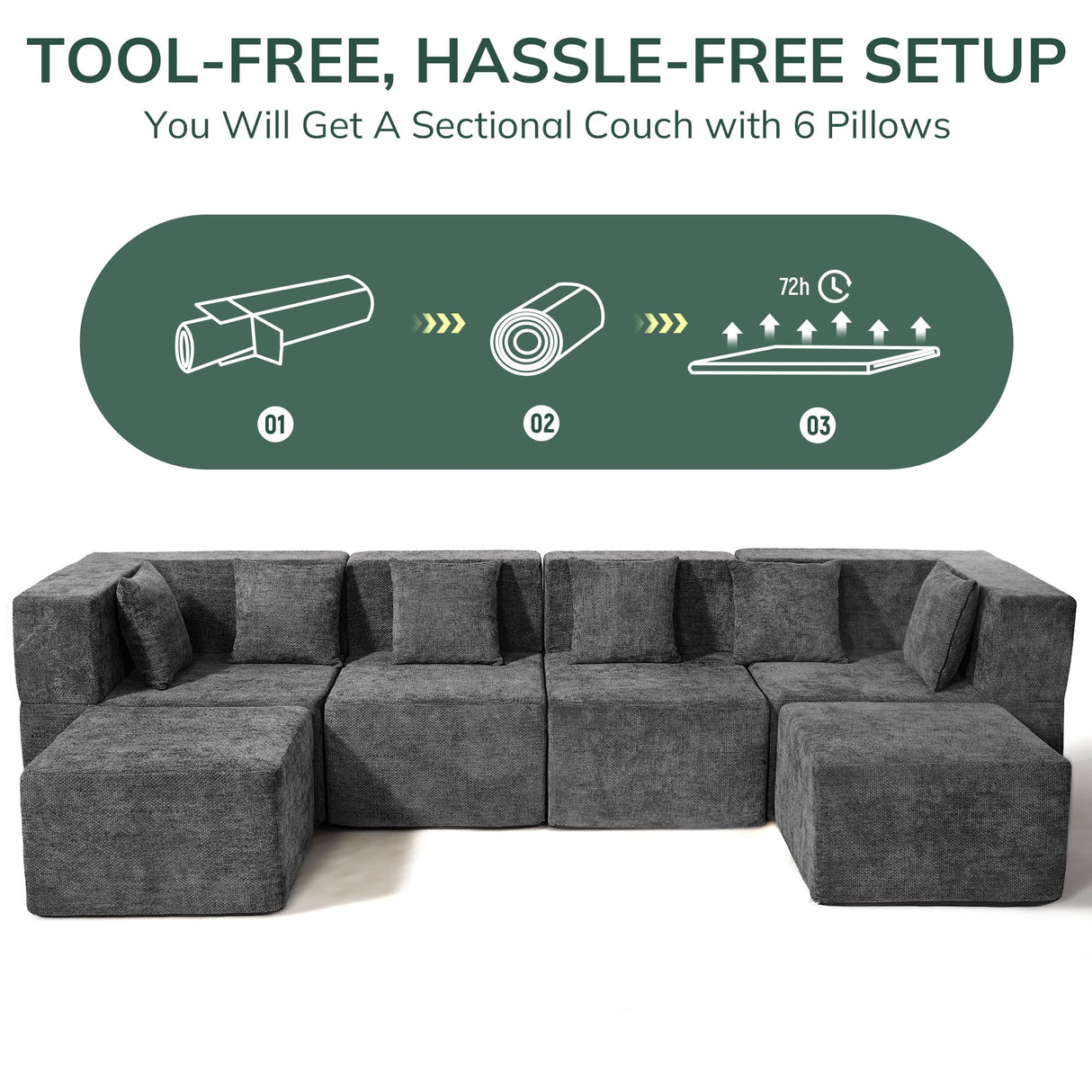 MONVANE Modular Sectional Cloud Couch for Living Room - 130'' 4 Seater Convertible Chenille Couches Set with Ottoman, No Assembly Compression Sofas, Comfy Floor Sofa with Memory Foam, Dark Grey MONVANE