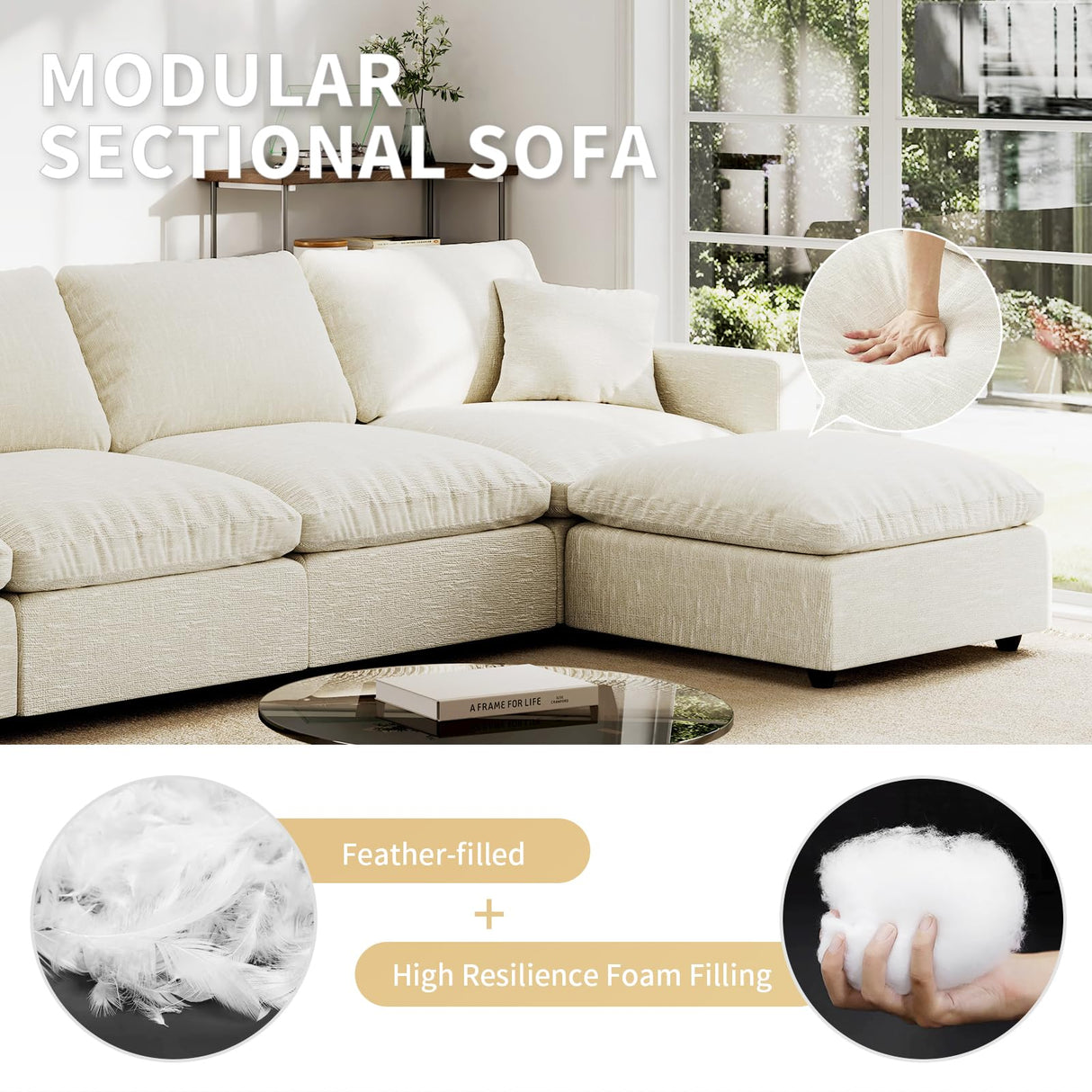 Gtilzria Cloud Sectional Linen Couch for Living Room V-Shape Sofas,5 Seat Modern Modular Sofas,Couches Cushion Covers Removable,Cozy Down Filled Sofa for Apartment Beige Gtilzria