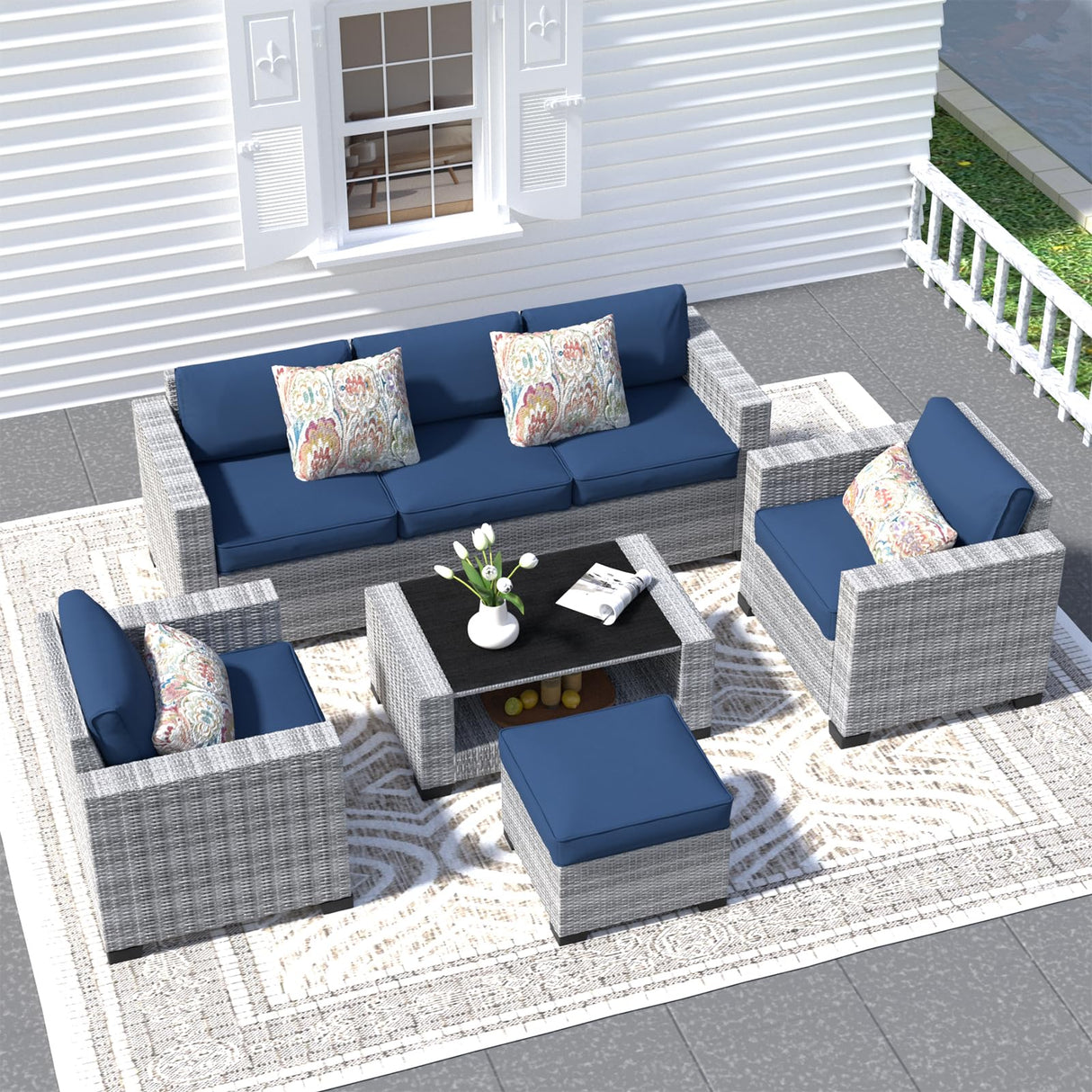 7 Piece Patio Furniture Set, Wicker Outdoor Sectional Sofa with Washable Cushion Covers and Tempered Glass Table, Rattan Conversation Set for Poolside, Lawn, Balcony (Navy Blue, Gray-white Rattan) SHGJ&SOFT