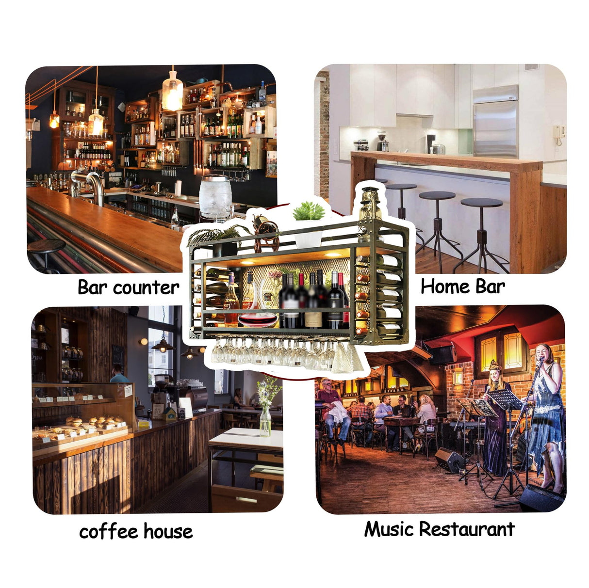 RAJYQODIS Hanging Metal Wine Rack with LED Light, 2 Tier Rustic Industrial Wine Glass Holder, Multifunctional Bar Liquor Bottle Display Storage, Wall Mounted/Hanging Installation (47.24in/120cm) RAJYQODIS