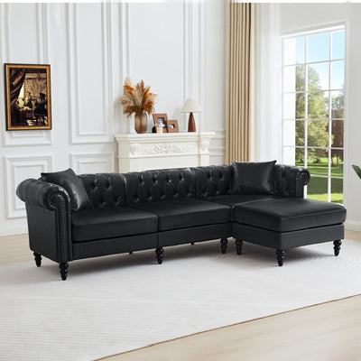 AVZEAR Chesterfield L Shaped Sofa Modular, Sectional Leather Couch with Ottoman and Pillow, Modern Sofa Bed PU Deep Seat Sofas Living Room Furniture Sets for Living Room, Bedroom and Apartment, Black