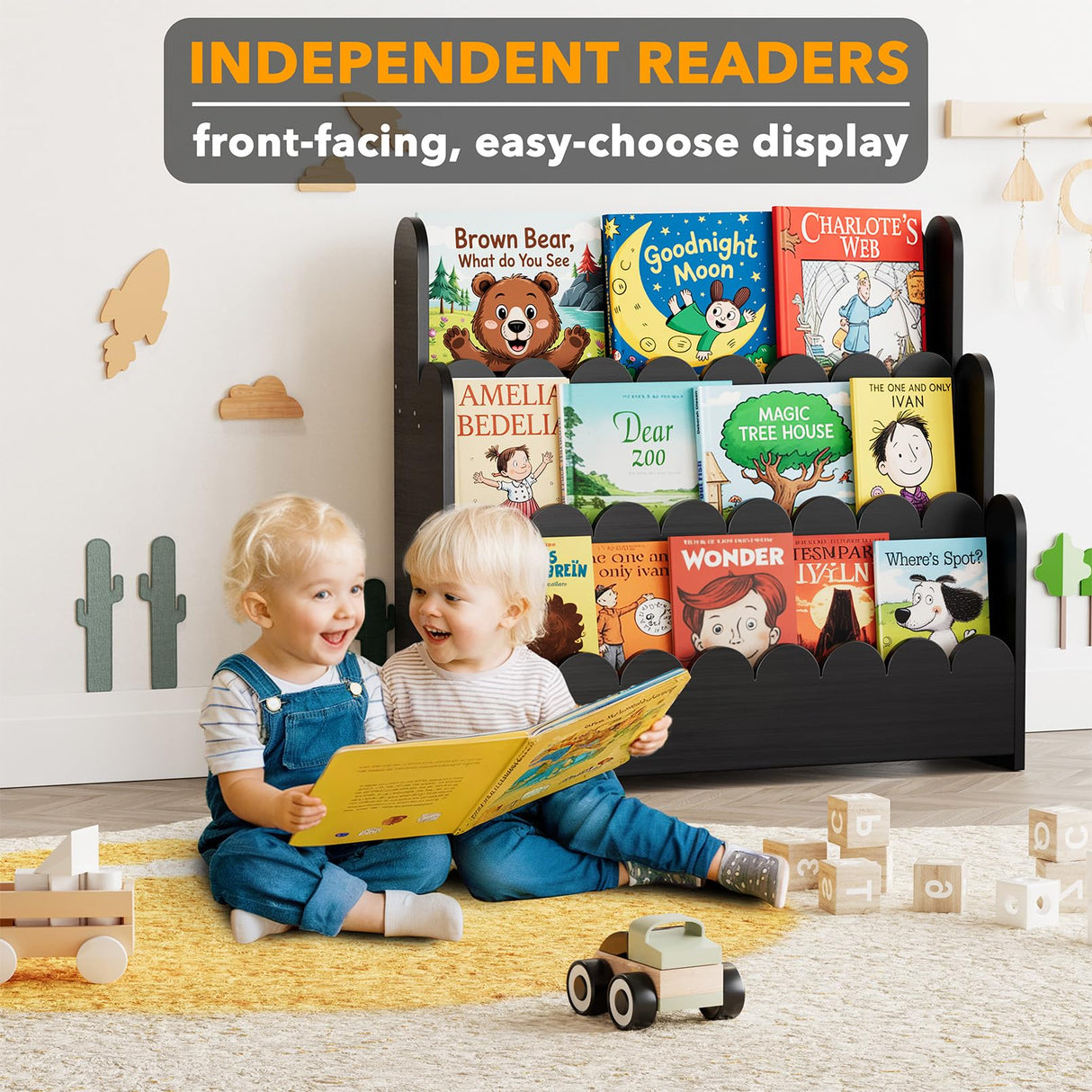 SpaceAid 3-Tier Scalloped Bookshelf, Montessori Bookcase for Toddlers, Wooden Book Shelf Organizer Display Furniture for Kids Rooms, Playroom, Nursery and Classroom, Black SpaceAid
