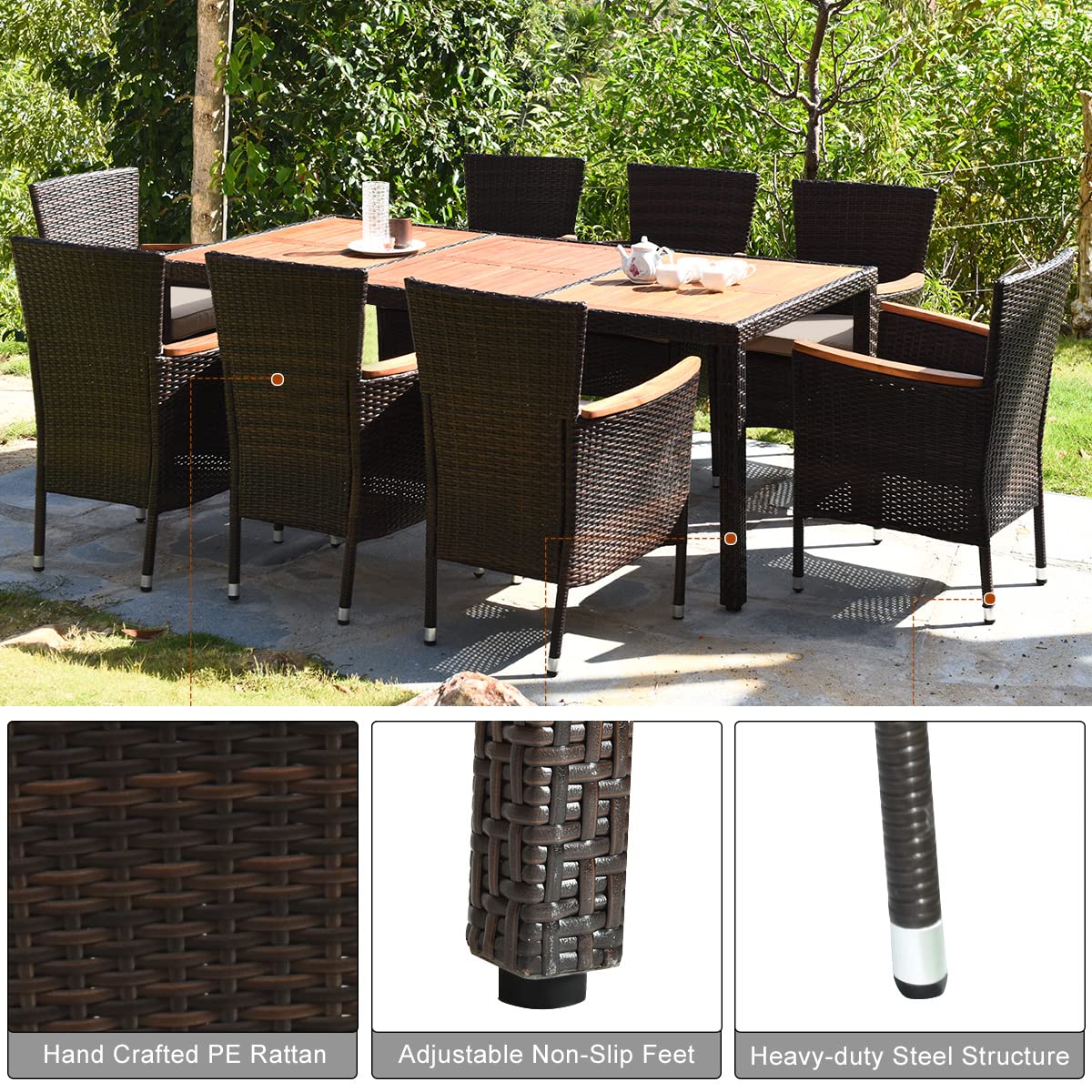 COSTWAY 9PCS Patio Rattan Dining Set 8 Stackable Chairs Cushioned Acacia Wood Table Top COSTWAY