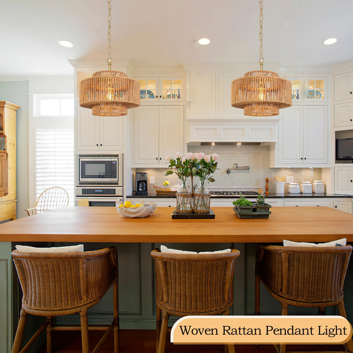 Bagood 12.4" Rattan Chandelier 1 Light Woven Rattan Pendant Light Boho Wicker Pendant Lighting Fixture Farmhouse Chandelier Light Fixture 3-Tier Drum Wicker Rattan Golden Chandelier for Dining Room Bagood