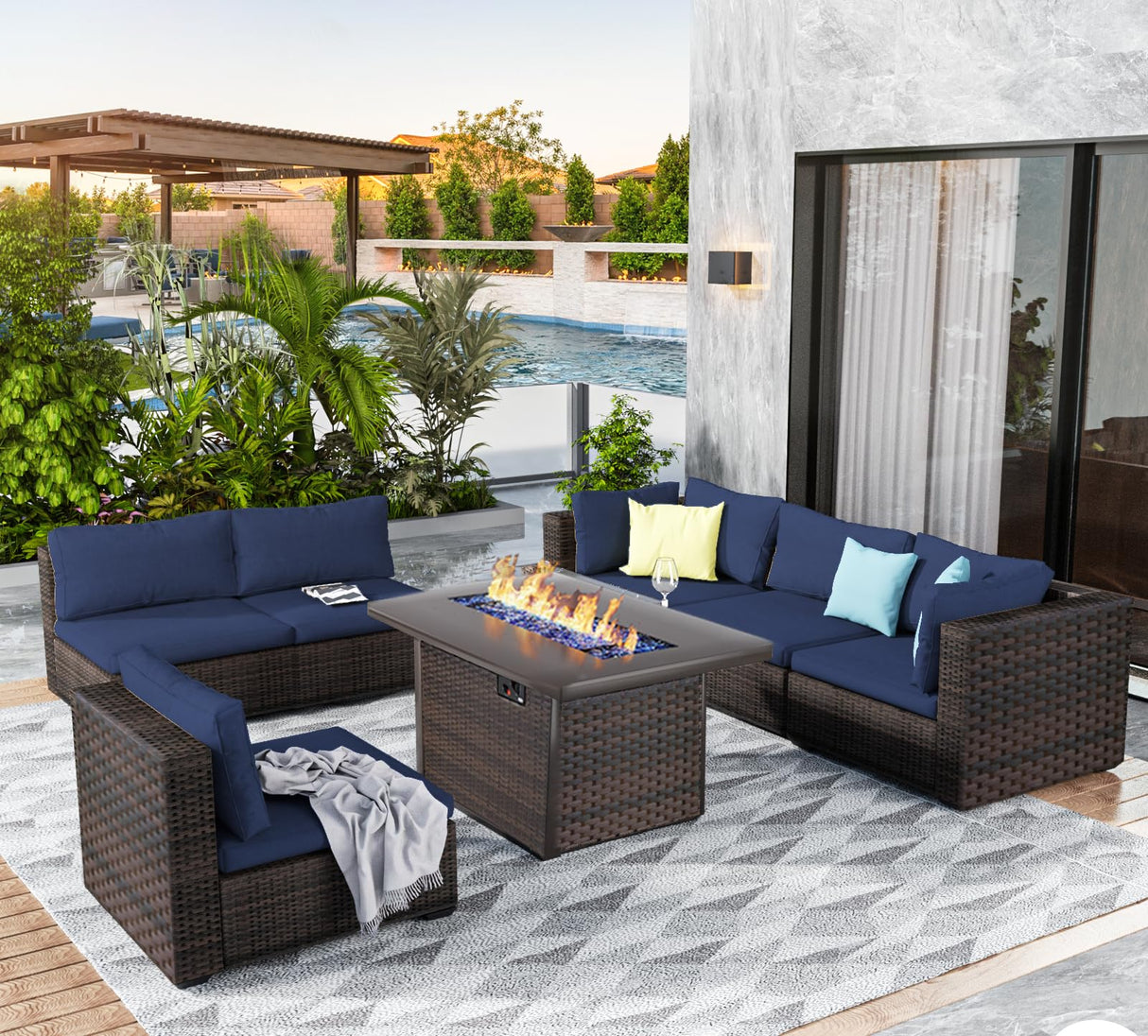 GREZJXC 7 Pieces Outdoor Sectional Patio Furniture Set with Fire Pit Table PE Rattan Wicker Patio Sectional Conversation Set with Cushion Navy Blue GREZJXC