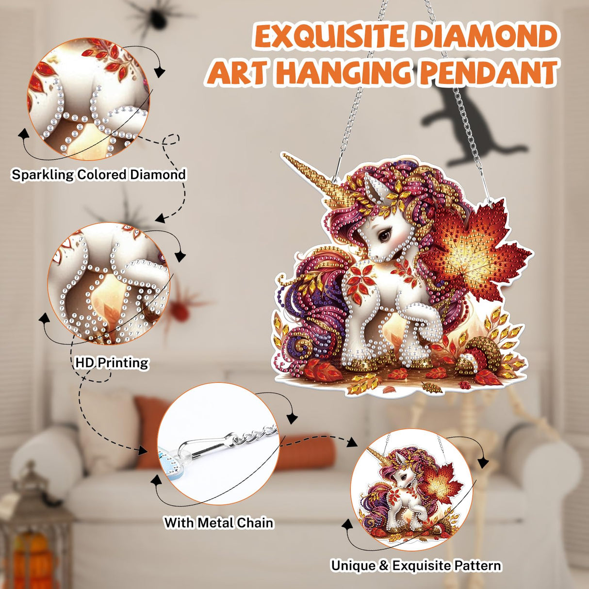 Bowetile Fall Diamond Art Hanging Kits for Adults Kids, Unicorn Diamond Art Suncatchers, 5D Special Shape Autumn Diamond Painting Pendant Window Ornament Gifts for Home Garden Door Wall Decor Bowetile