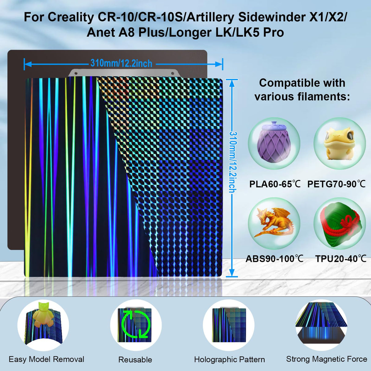 IdeaFormer-3D H1H Spring Steel Sheet with Magnetic Build Plate for Artillery Sidewinder X1/X2 for Creality CR-10/CR-10S Anet A8 Plus, Light Beam+Phantom H1H Print Bed 310x310mm 3D Printer Platforms IdeaFormer-3D