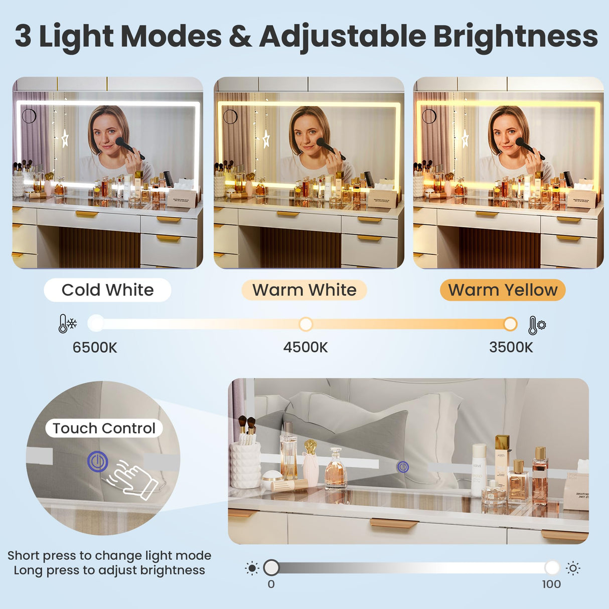 Pamapic Glass Top Vanity Desk with Mirror and Lights, 11 Drawers Makeup Vanity with Charging Station and Chair, Golden Handles Dressing Table, 3 Lighting Modes Makeup Table, White Pamapic