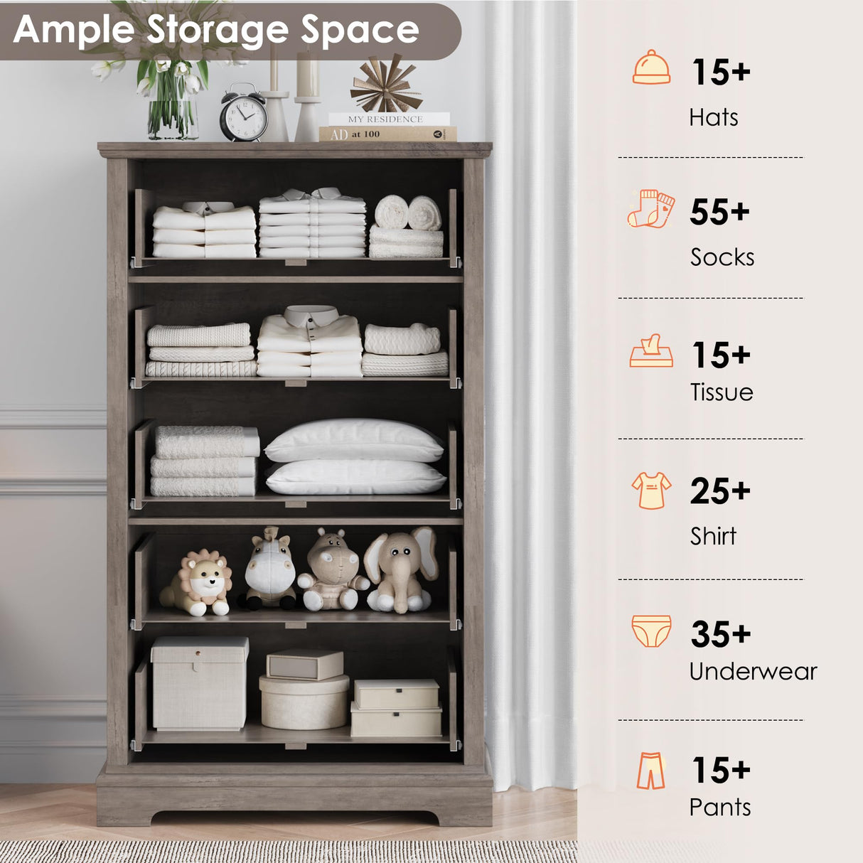 HOSTACK 5 Drawer Tall Dresser, Modern Farmhouse Chest of Drawers, Wood Dressers Organizer, Accent Storage Cabinet for Living Room, Hallway, Home Office, Ash Grey HOSTACK