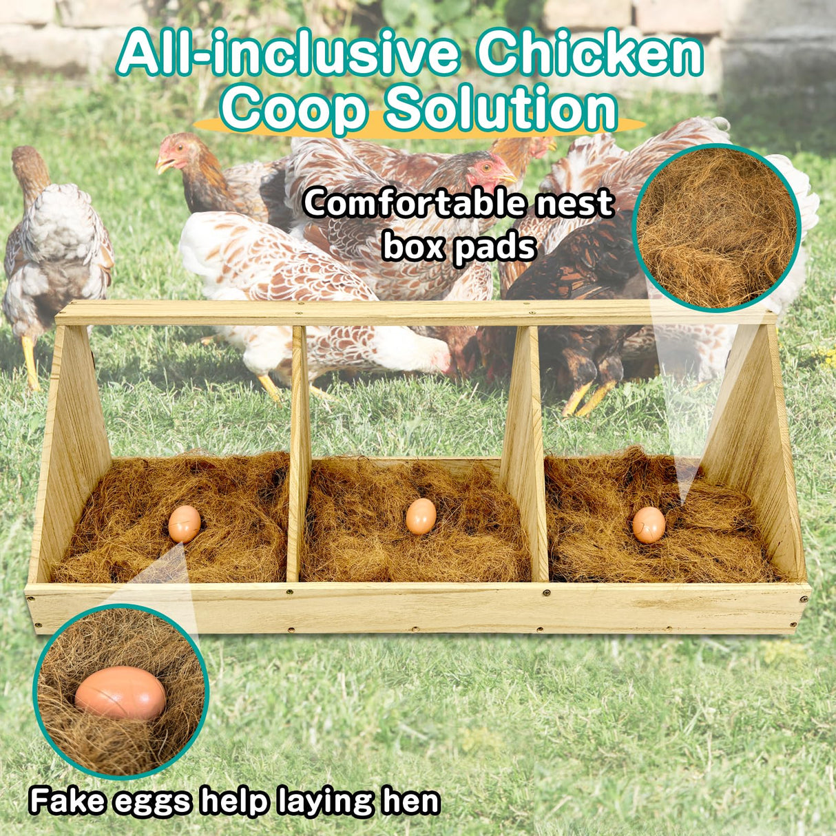 Chicken Nesting Boxes, 3 Compartment Wooden Chicken Laying Boxes, Nesting Boxes for Chickens, Hens, Ducks, Poultry Nest Box for Laying Eggs, (Includes 3 Fake Eggs, 3 Nest Box Pads) Nalwort