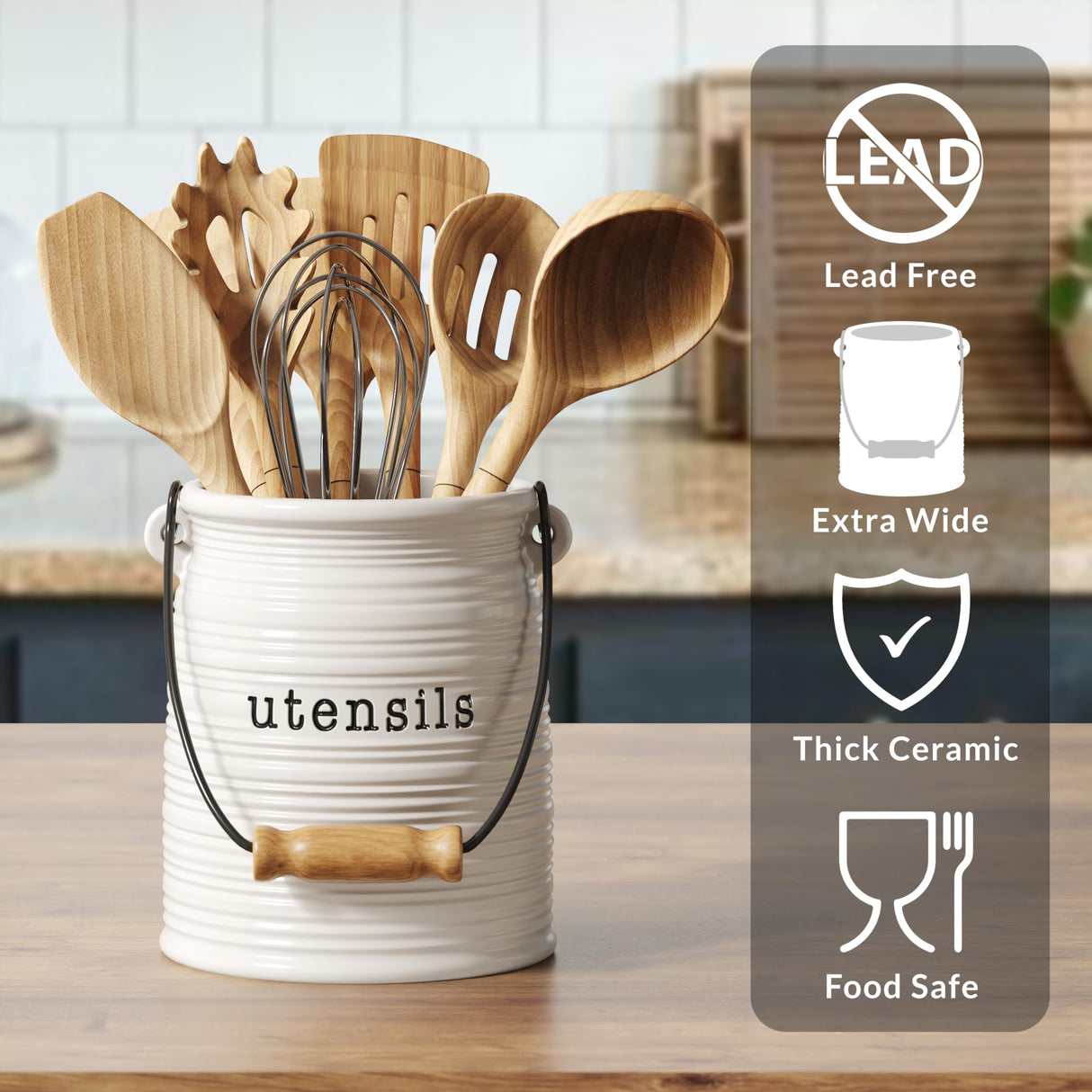 Barnyard Designs Ceramic Farmhouse Kitchen Utensil Holder for Countertop, Decorative Large Kitchen Utensil Holder for Kitchen Counter, Utensil Crock Spatula Holder, 6" White Barnyard Designs