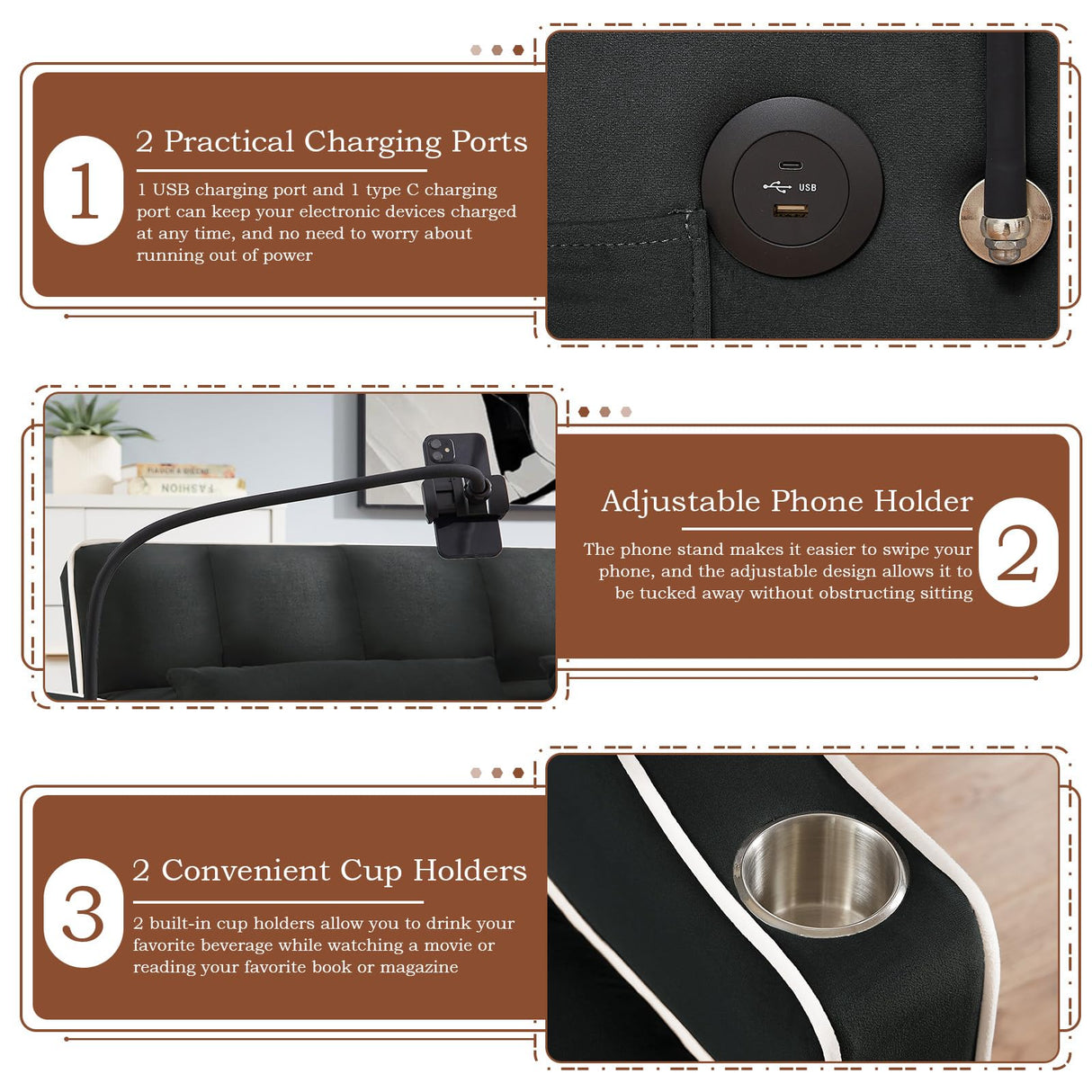 Pull Out Sofa Bed with Phone Holder, Convertible Velvet Loveseat Sleeper with 2 USB Charging Ports, Modern Futon Couch with Cup Holders and Adjustable Backrest, Small Love Seat for Living Room, Black KINFFICT