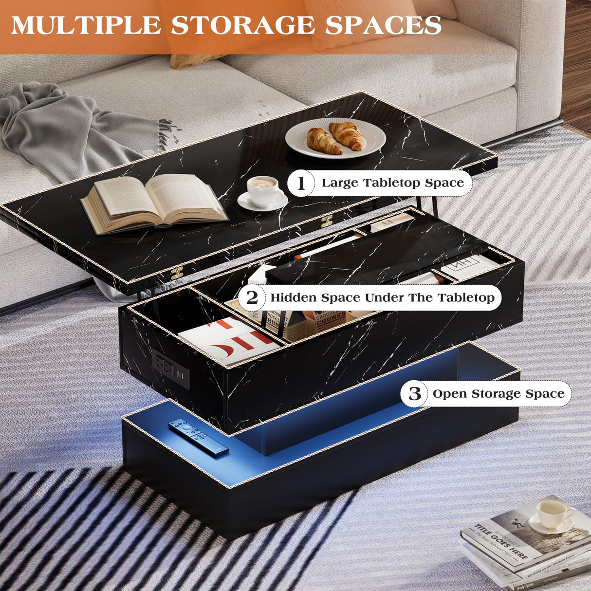 SYESWAY Lift Top Coffee Table with Charging Station, Modern High Glossy Coffee Table with LED Light, 3 in 1 Multifunctional Coffee Table with Storage & Hidden Compartments for Living Room, Black SYESWAY