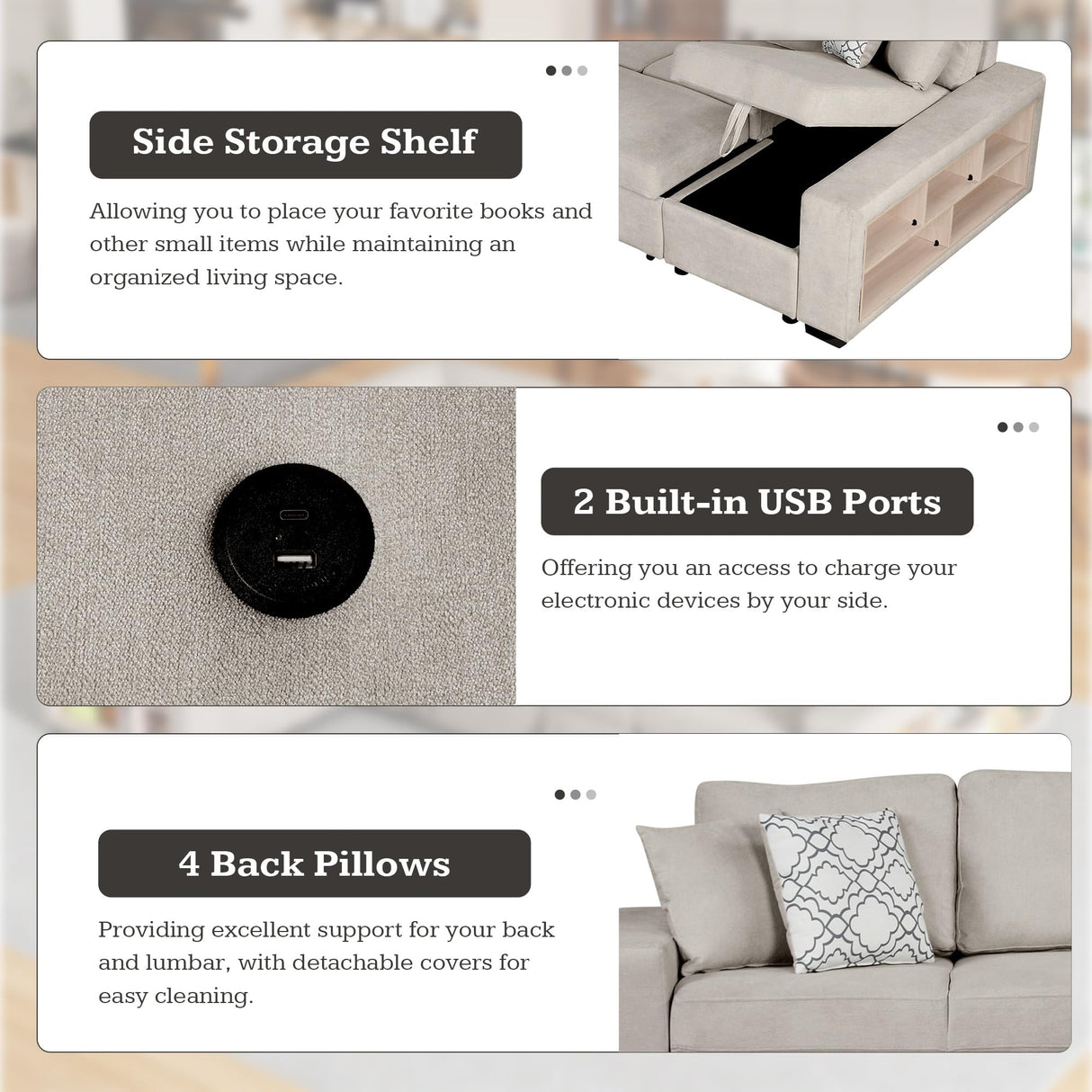 Merax 109" Large Sectional Sleeper Sofa with Pull Out Bed, Storage Chaise/Shelf & USB Ports, Light Grey Oversized 5 Seat U-Shaped Couch Set, Convertible Sofabed for Living Room and Apartment, Beige Merax