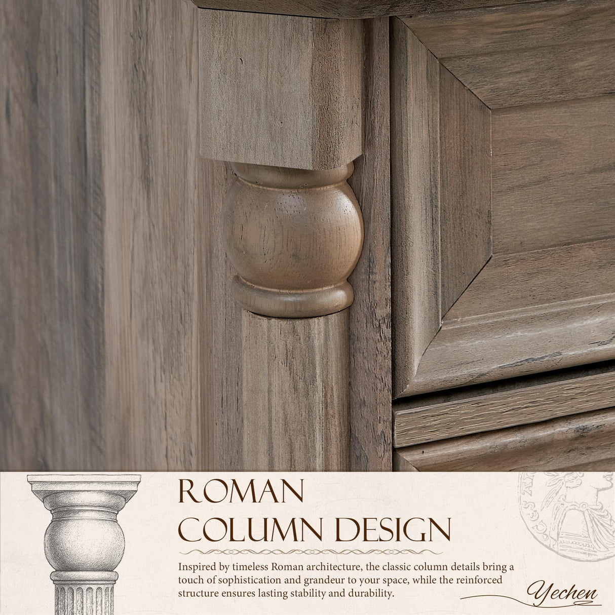 Yechen 62'' Farmhouse TV Stand for Living Room - 31.5'' Tall Entertainment Center with Storage Cabinets & Drawers, Wood Media Console Table with Roman Columns, for 75 Inch TV, Weathered Reclaimed Oak Yechen