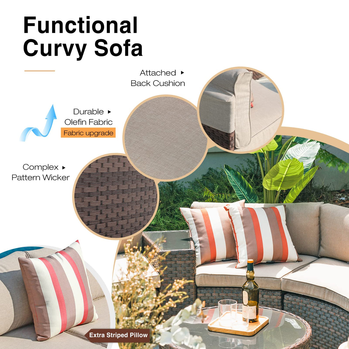 SUNSITT Outdoor 7-Piece Half-Moon Sectional Furniture Set with Round Coffee Table, Patio Curved Sofa Set, Beige Cushion and Brown Wicker, Incl. Waterproof Cover SUNSITT