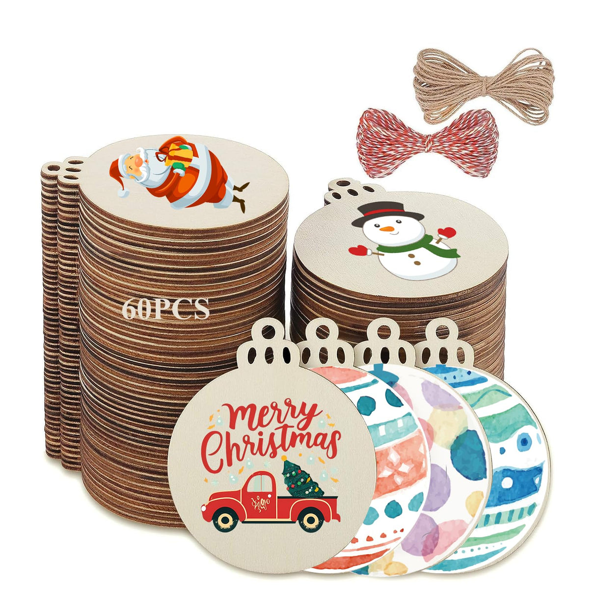 FCDECOR 60PCS Christmas Wooden Ornaments Unfinished, DIY Christmas Crafts for Kids Wood Slices DIY Crafts Supplies for Girls Adults, Christmas Ornaments Holiday Decoration, 3MM FCDECOR