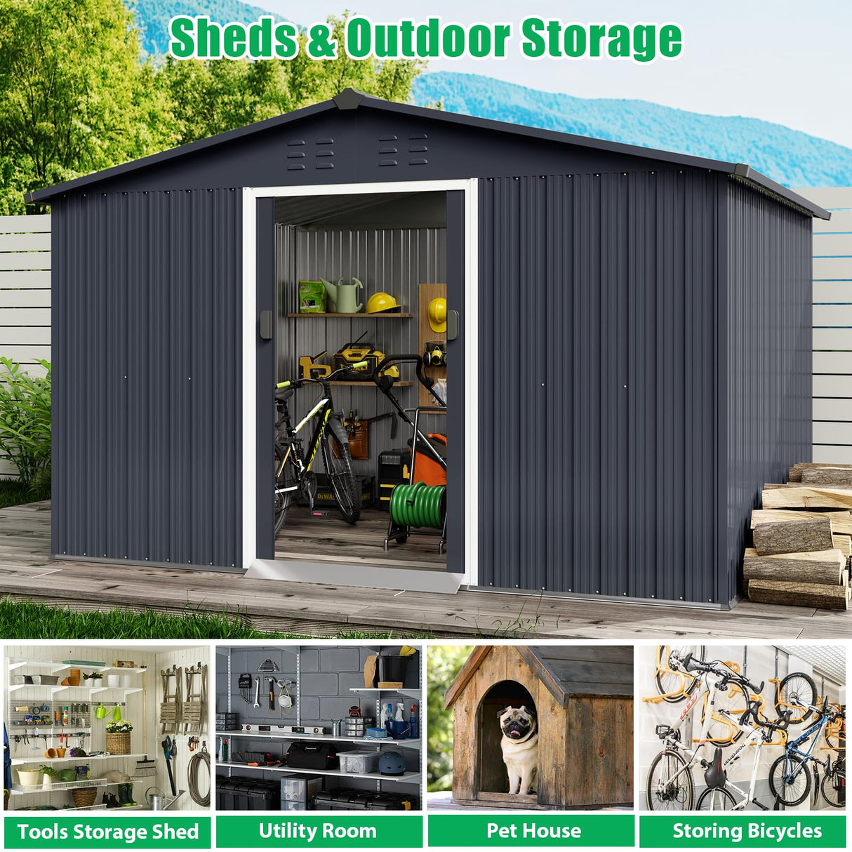 Garveelife 8x10 ft Outdoor Storage Shed, Steel Utility Tool Shed with Sloped Roof & Lockable Door, Backyard Garden Patio Lawn Outdoor Shed for Storing Tools and Equipment in Yard, Grey GarveeLife