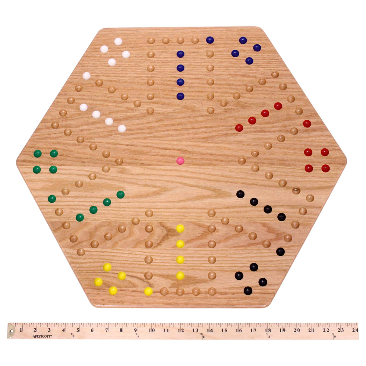 AmishToyBox.com Wahoo Wooden Marble Game Board Set - Large 24" Wide - Solid Oak Wood - Double-Sided - with Large 22mm Marbles and Dice Included AmishToyBox.com