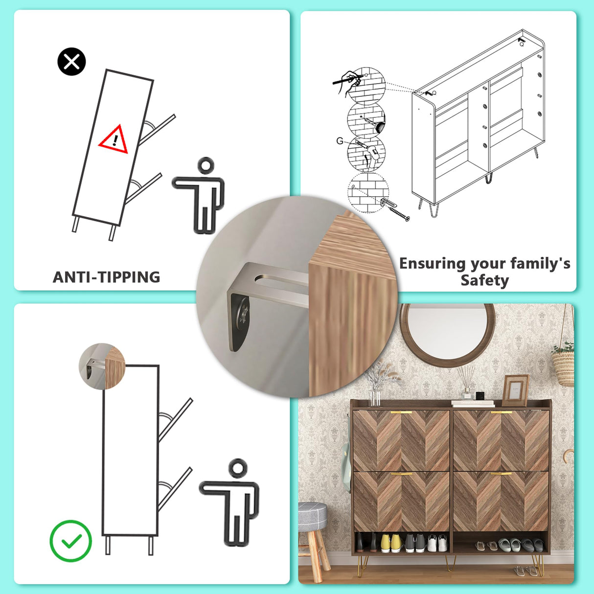 Vibe & Dine 4 Flip Drawer Shoe Cabinet, Mid Century Modern Shoe Organizer with Bottom Cubby, Hidden Shoe Cabinet with 2 Hooks, Freestanding Narrow Slim Shoe Rack Cabinet for Entryway, Foyer, Hallway Vibe & Dine