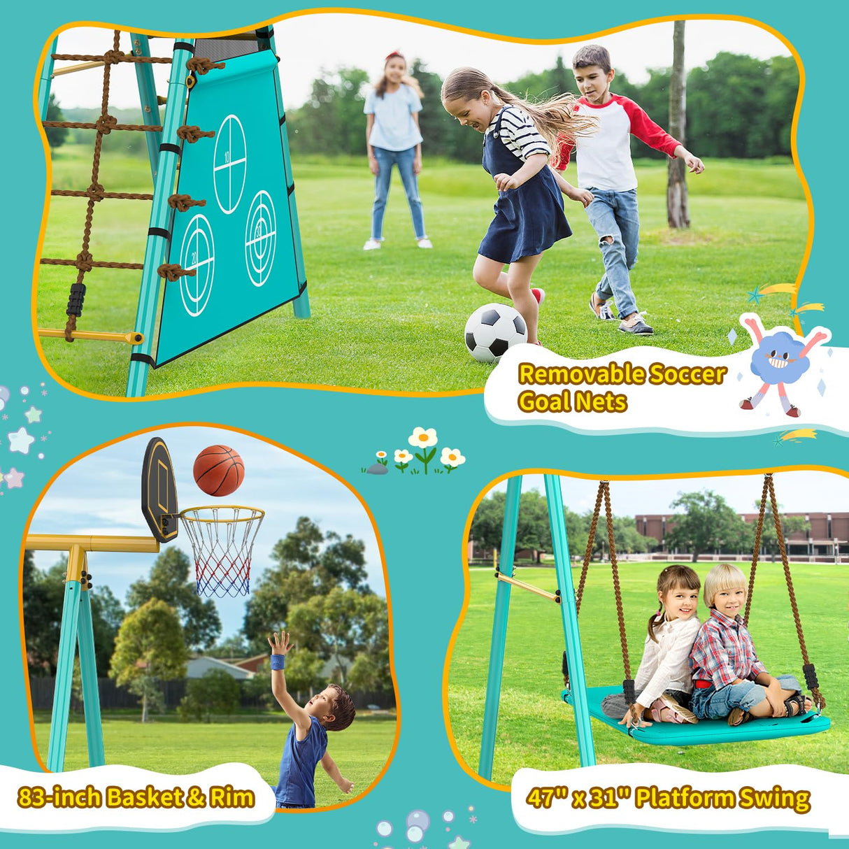 Jocoevol Swing Set for Backyard, Heavy-Duty Metal Swing Sets for Kids with 2 Swings, Climbing Ladder and Nets,Trapeze Bar, Soccer Goals and Basketball Hoop Up to 660lbs Jocoevol