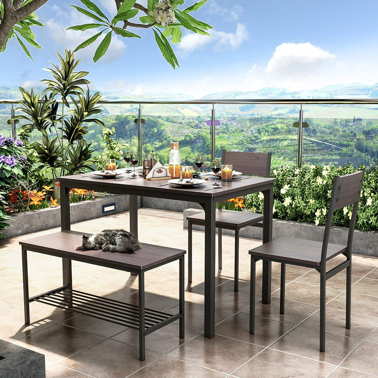 soges 4 Person Dining Table Set,43.3 inch Kitchen Table Set for 4,2 Chairs with Backrest,2-Person Bench with Storage Rack,Nesting Furniture Set for Dining Room and Restaurant, Rustic Oak soges