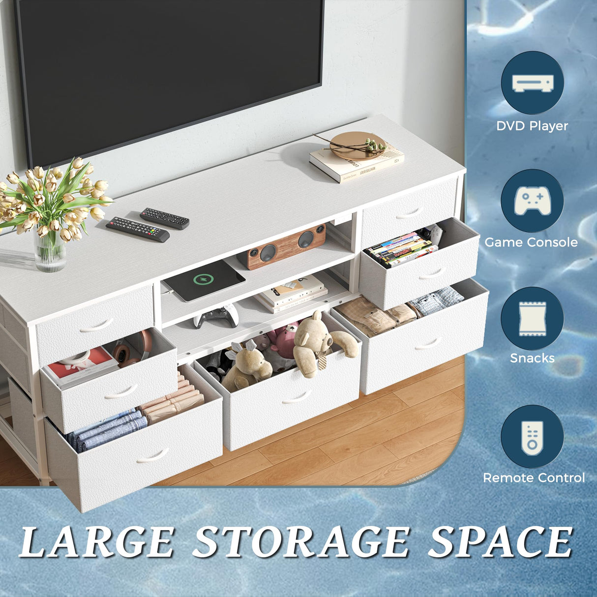 Huuger Dresser for Bedroom with Power Outlets and LED Lights, 7 Drawers TV Stand Dresser for 55 Inch TV, 47 Inches TV Console with Open Shelf, Wide White Dresser, PU Leather, for Bedroom Huuger