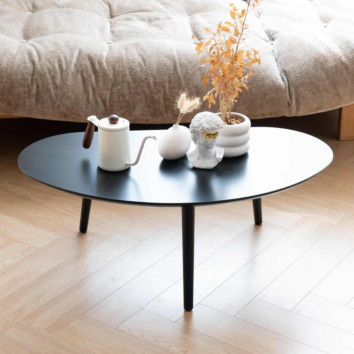 XINNAN Small Oval Coffee Table Mid Century Modern for Living Room, Center Table,Solid Wood Coffee Table,Nature Wood (Black, 18.9" D x 33.85" W 12.4" H) XINNAN