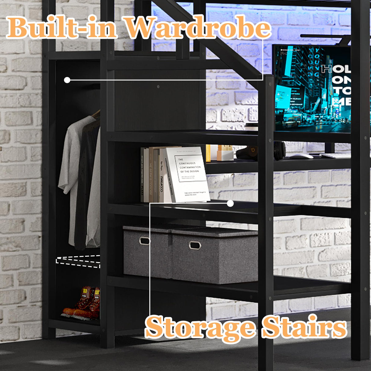 Bellemave Full Size Metal Loft Bed with L Shaped Desk and Wardrobe, Heavy Duty Loft Bed Frame with Storage Stairs, LED Loft Bed Frame with Charging Station & Safety Guard, Space Saving Loft Bed, Black Bellemave