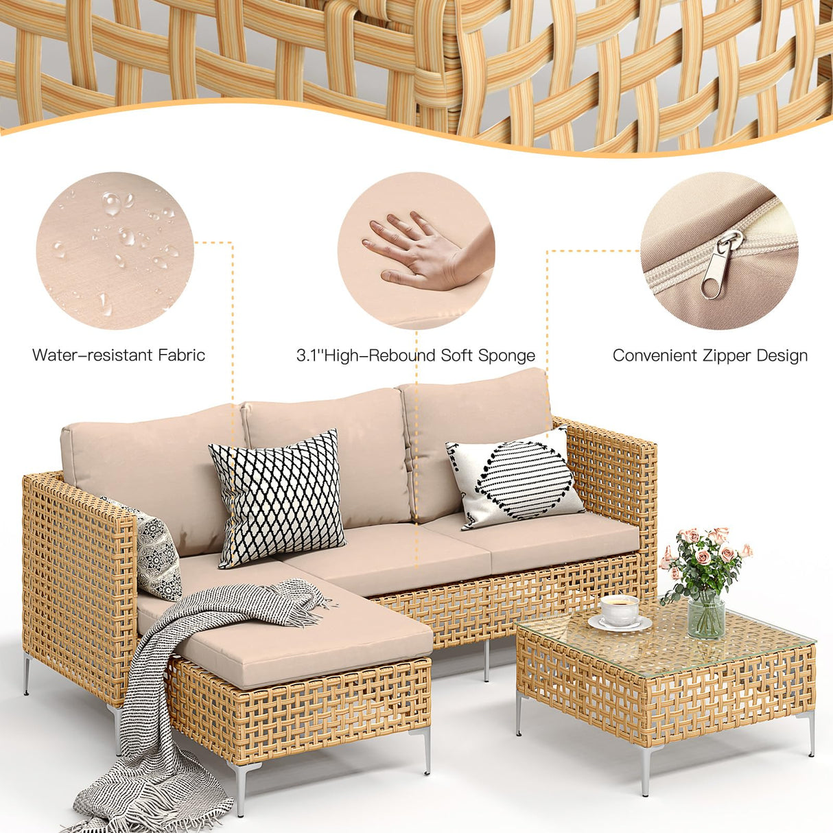 Ophelian 3 Piece Outdoor Furniture Set, Apartment Patio Sectional Furniture, Patio Chaise Sofa Sets with All Weather Manual Rattan, Perfect for Balcony, Porch, Lawn, Backyard (Yellow/Beige) Ophelian