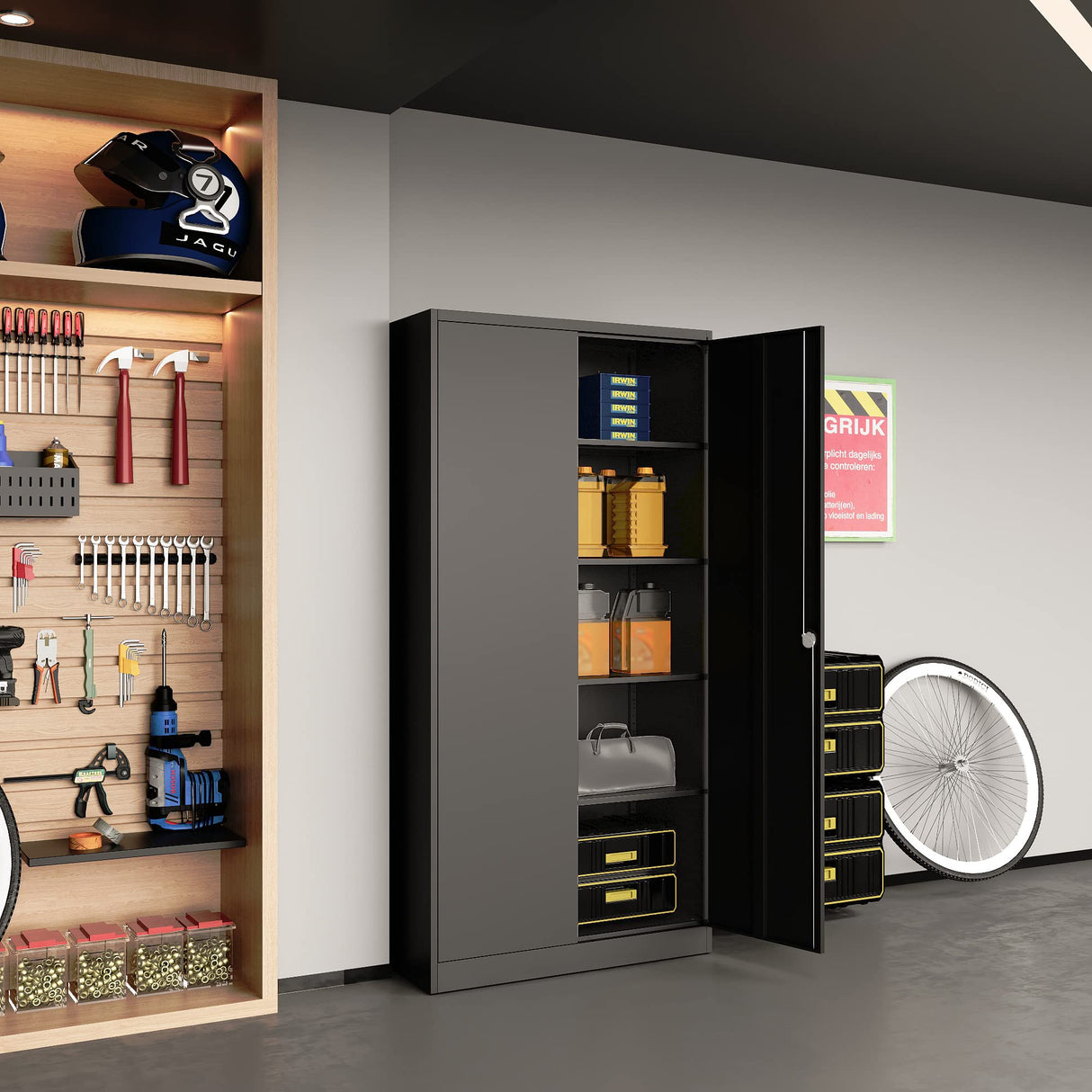 STANI Garage Storage Cabinet, Metal Storage Cabinet with 4 Adjustable Shelves, 71" Steel Lockable File Cabinet, Locking Steel Storage Cabinet for Office,Home,Garage,Gym,School STANI