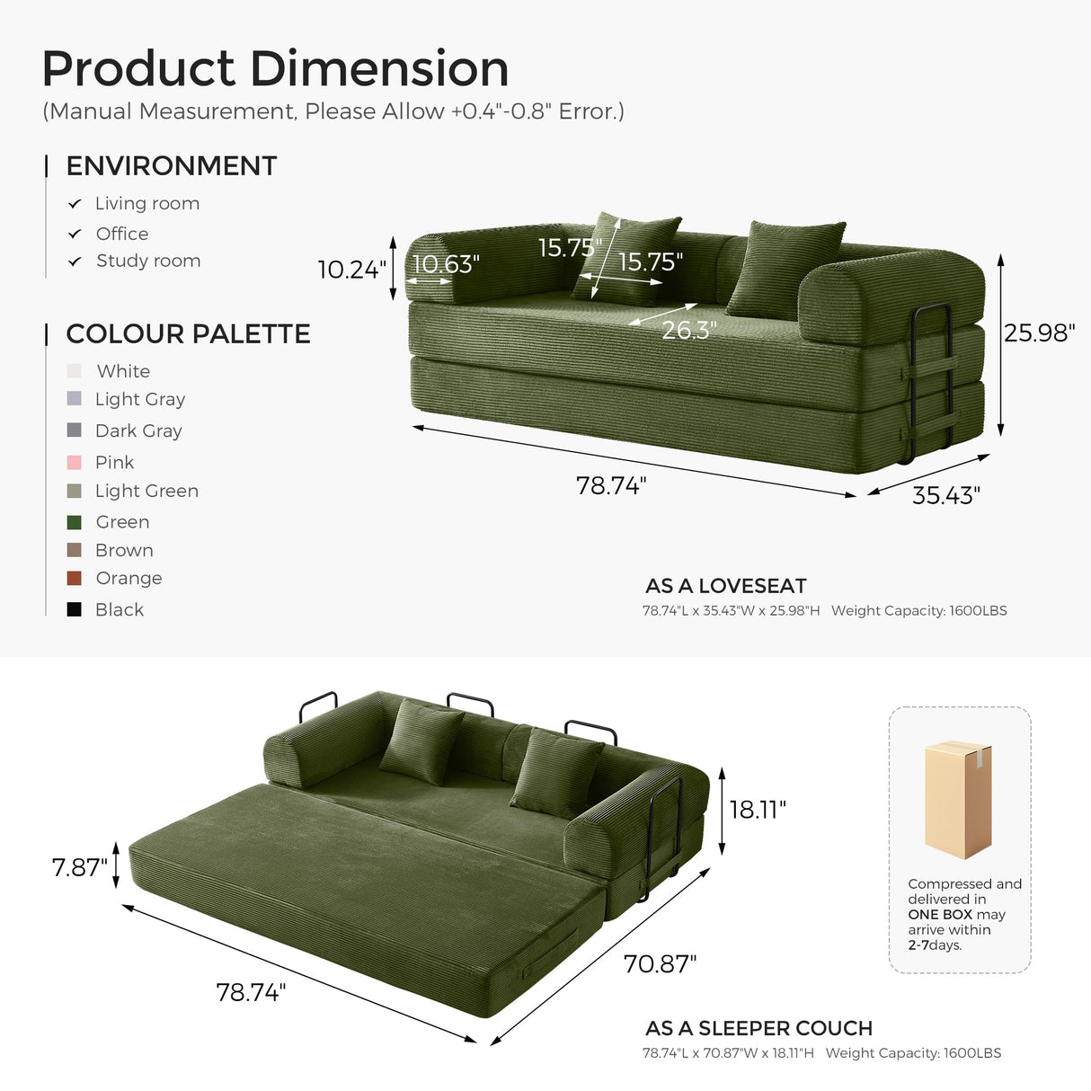 79" Convertible Sofa Bed with Fixed-Shape Frame & Removable Armrests, Modular Corduroy Sleeper Sofa, Folding Mattress Couch for Small Spaces - No Assembly Needed in Green (Includes 2 Pillows) SAVENICA