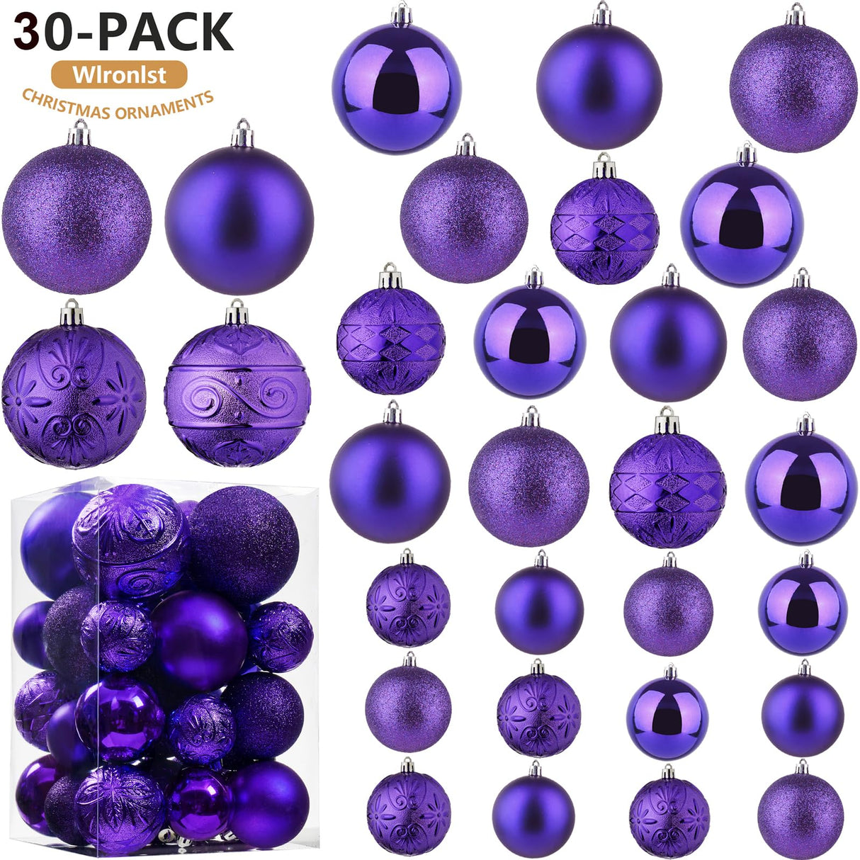 Wironlst Christmas Ball Ornaments - 30pcs Shatterproof Plastic Christmas Ornaments Hanging Ball Decorations for Xmas Tree, Holiday, Wedding, Party (Multi-Size, Purple) Wironlst